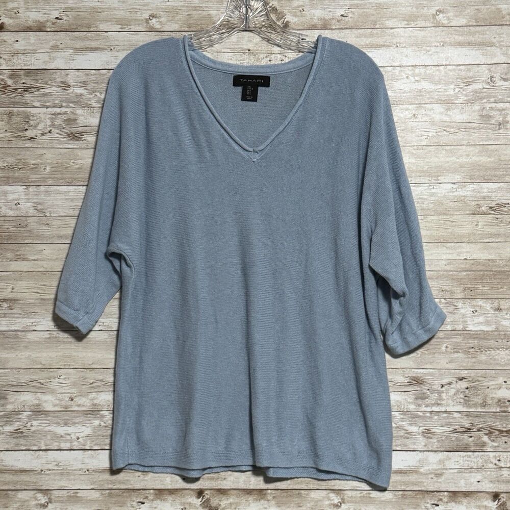 Tahari Linen Blend Sweater Blouse V-Neck Blue Sz L Quiet Luxury Coastal Grandma